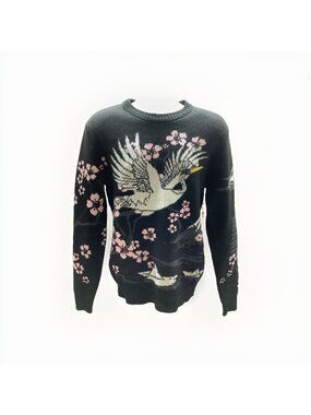 RGSTR Size S Crew Neck Sweater Japanese Cherry Tree Blossom, Crane, Mt Fuji New